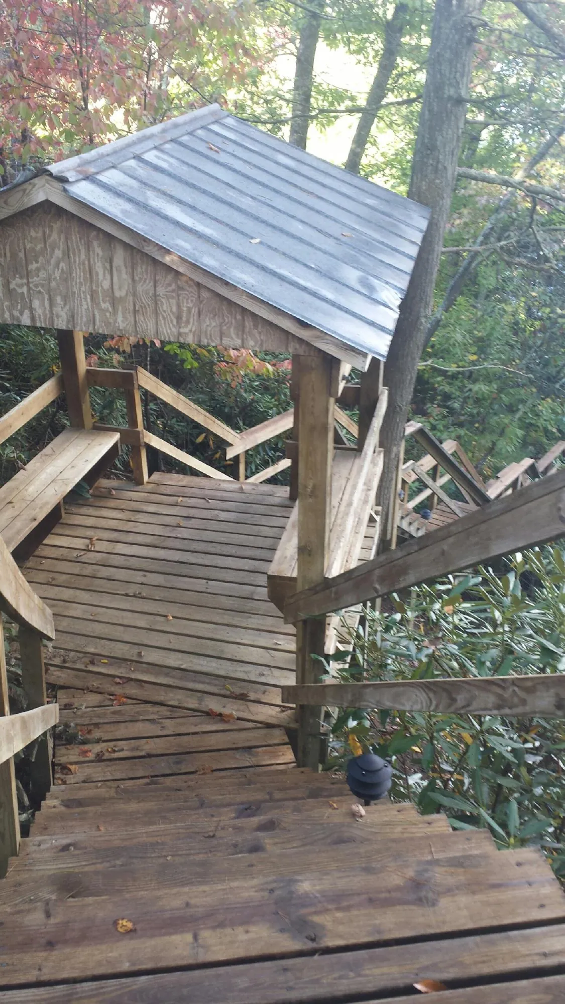 Metal roofed shelter over wooden steps on a wooded walkway — Skylight Repair & Installation work by our crew in Maumee
